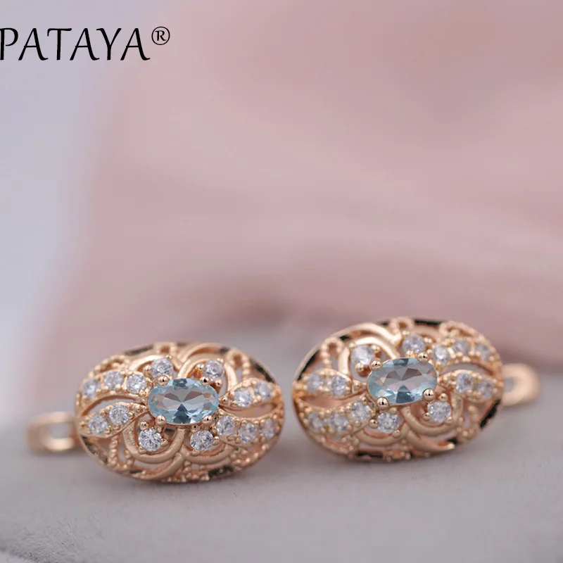 PATAYA New Listed Oval Green Natural Zircon Drop Earrings Women 585 Rose Gold Color Wedding Romantic Hollow Jewelry Multicolor