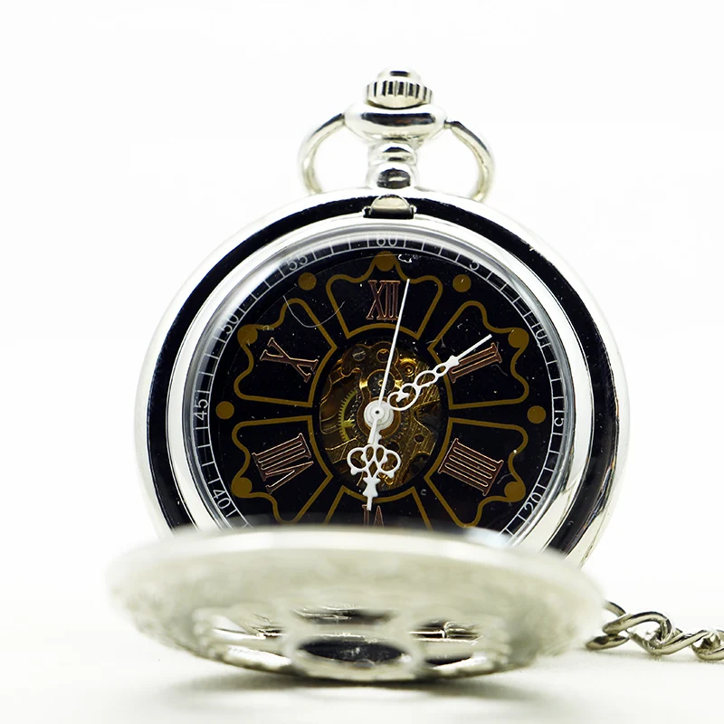 Silver Hollow Flower Steampunk Mechanical Pocket Watch Vintage Fob Chain Necklace Bracelet Pendant Clock Best Gift for Men