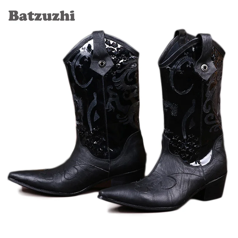 Batzuzhi Western Men Mid-Calf Leather Boots 6.5CM Black Men Boots Pointed Toe Increased High Heels Leather Boots  Big Size 38-46