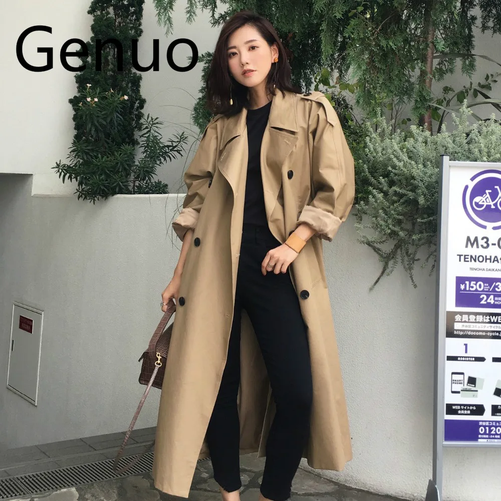 

khaki Trench Coat Casual women's long Outerwear loose clothes for lady with belt spring autumn fashion high quality army green