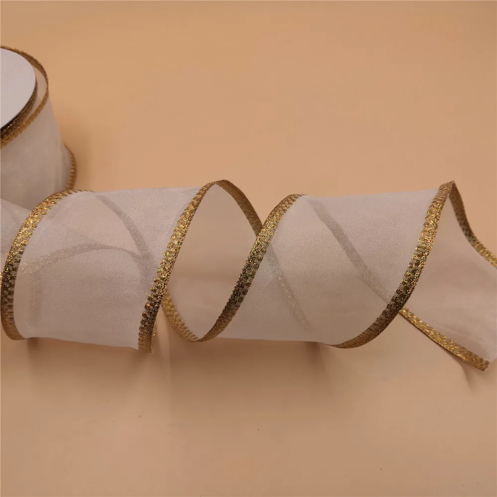 

63MM X 25yards Wired white organza ribbon with press gold edges for gift box packaging N2162