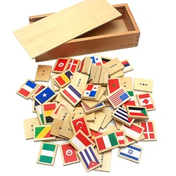 New Arrival Montessori Wood Domino Blocks 80Pcs Flags Domino with Wooden Box Toys for Children Preschool Gift for Boys Girl