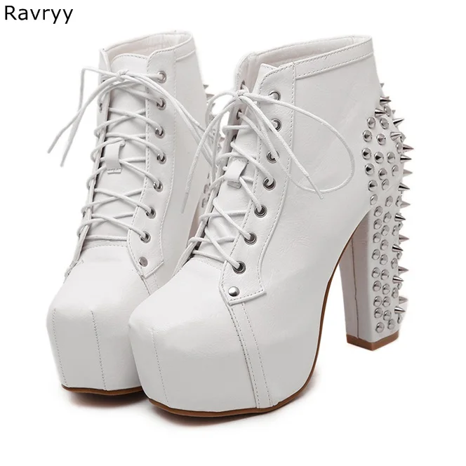 Lace Up White Woman\'s ankle boots Long Rivet Model Show Fun Club Party Motorcycle short Boots Female Shoes Platform Thick Heel