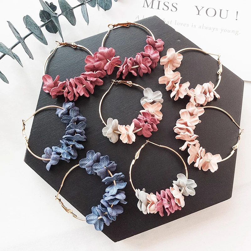 Anise Elegant Blue Fabric Flower Hoop Earrings Woman Lovely Colourful Petal Alloy Circle Big Earrings Female Oorbellen Jewelry