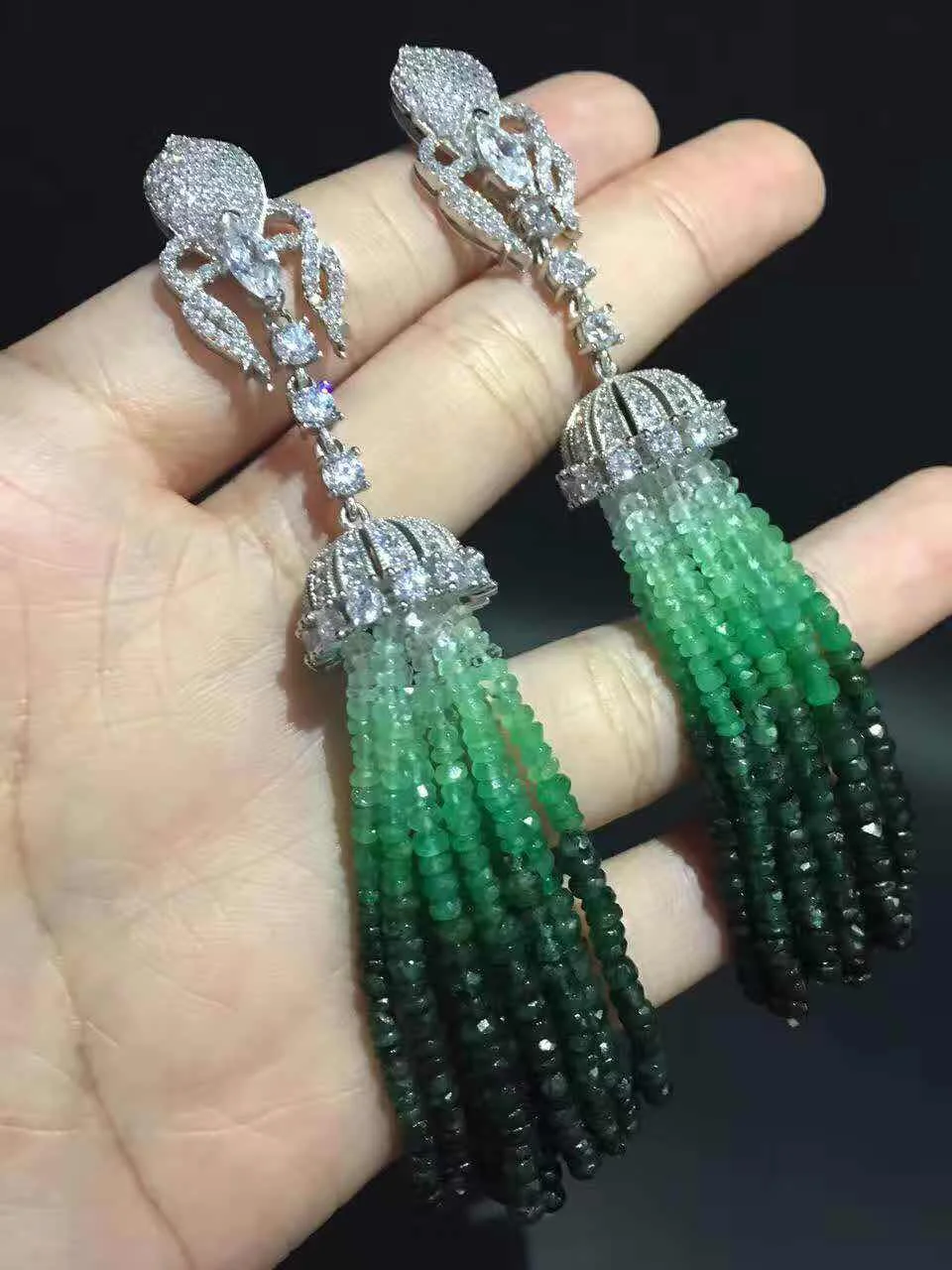 long tassels earring natural Emerald drop earring 925 sterling silver  fine women jewelry Gradient