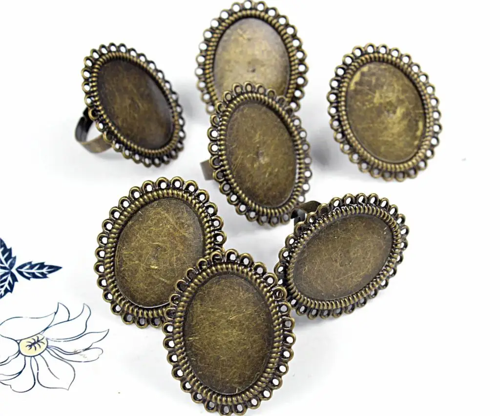 120pcs Adjustable Oval Cabochon Ring Settings Antique bronze filigree ring, metal ring blank, Oval cabochon blank tray 18x25mm