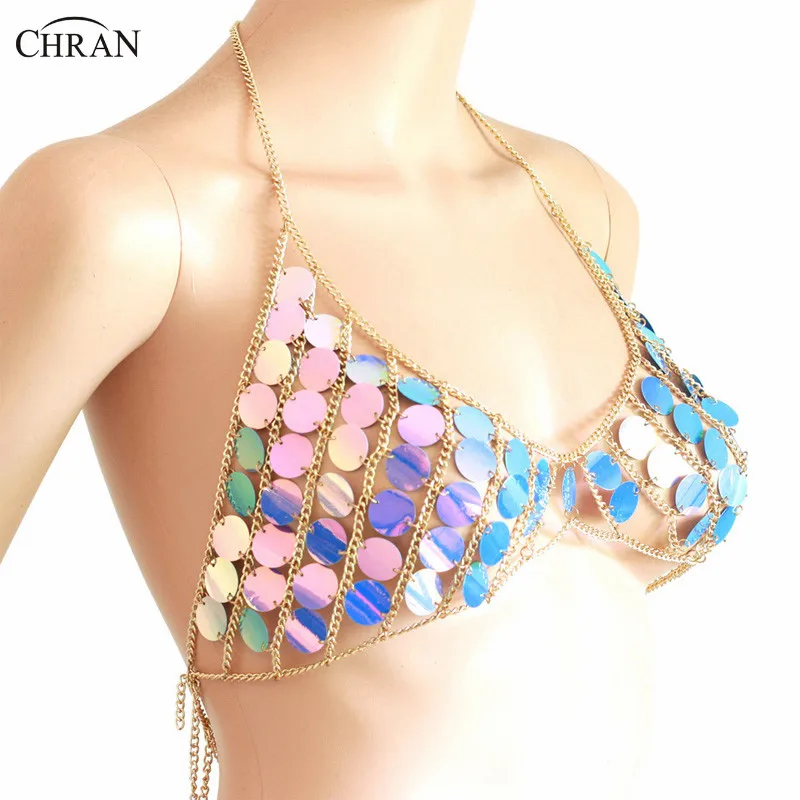 Chran Shine Bright Iridescent Blue Mermaid Sequin Disc Burner Babe Halter Bra Sexy Mesh Bikini Body Chain Jewelry