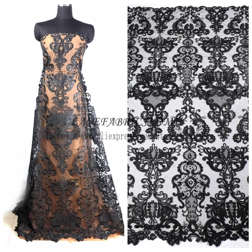 La Belleza 1 yard Black cord sequin brand evening/wedding dress lace fabric 51\'\' gold/black/off white/deep blue cord brides lace