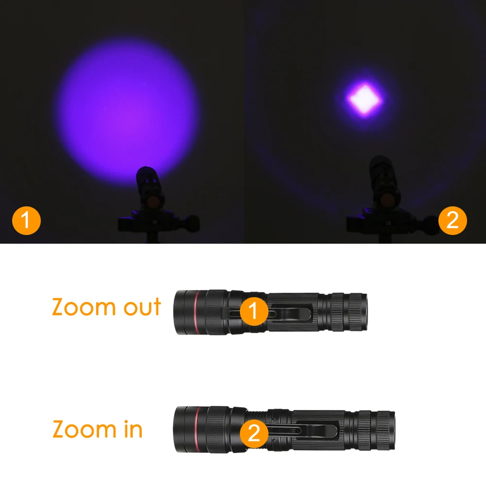 Portable Zoomable LED UV Flashlight 395nm Purple Ultra Violet Light Blacklight UV Torch Lamp AA/14500 Battery