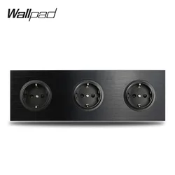 Wallpad L6 Black Aluminum Triple EU Schuko Wall Electrical Power Socket Satin Metal Frame