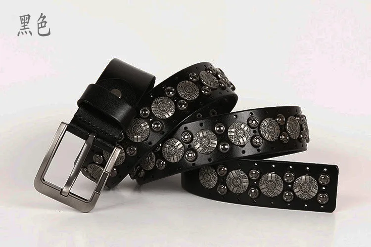 Punk style rivet belt men's leather belt Men's pin buckle belt men's vintage  large round rivet belt