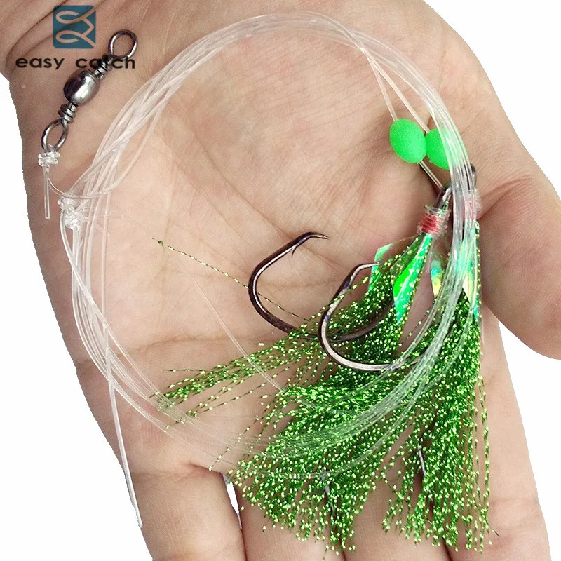 40pcs=20packs Fish Skin Bait Flash Rigs 2 Arm Big Hooks Sea Fishing Green Flasher Bait Rigs With Barrel Swivel For Herring