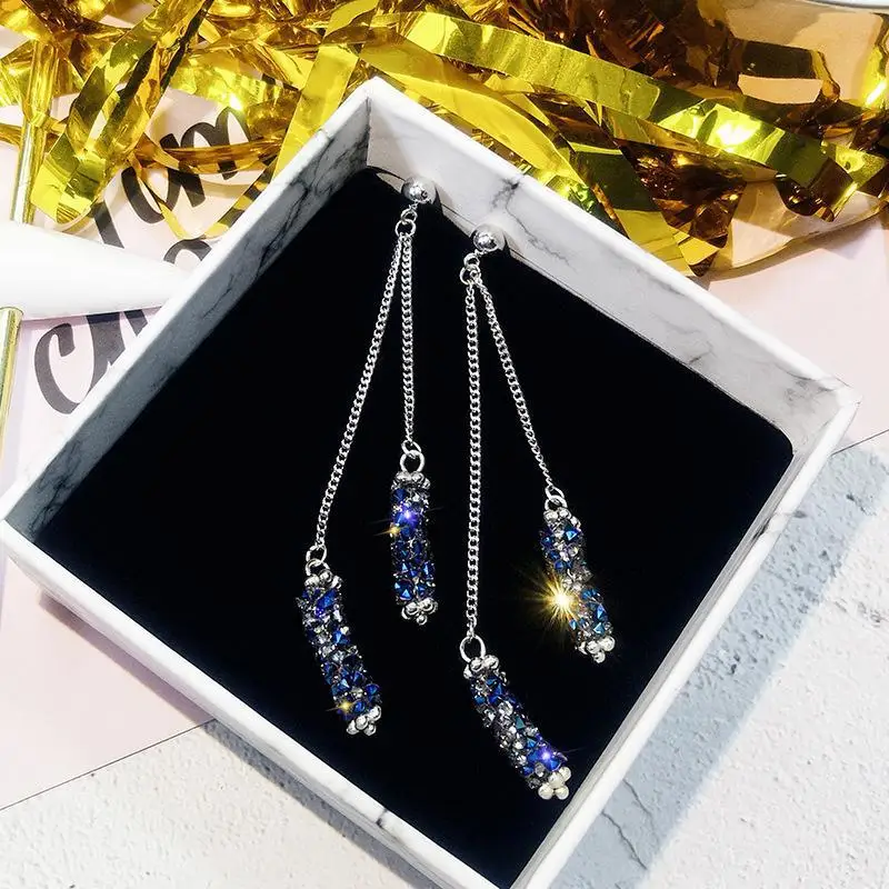 2019 New Creative Blue Rhinestone Tassel Earrings Long Geometric Earrings Women Gift Jewelry Statement Earrings Oorbellen