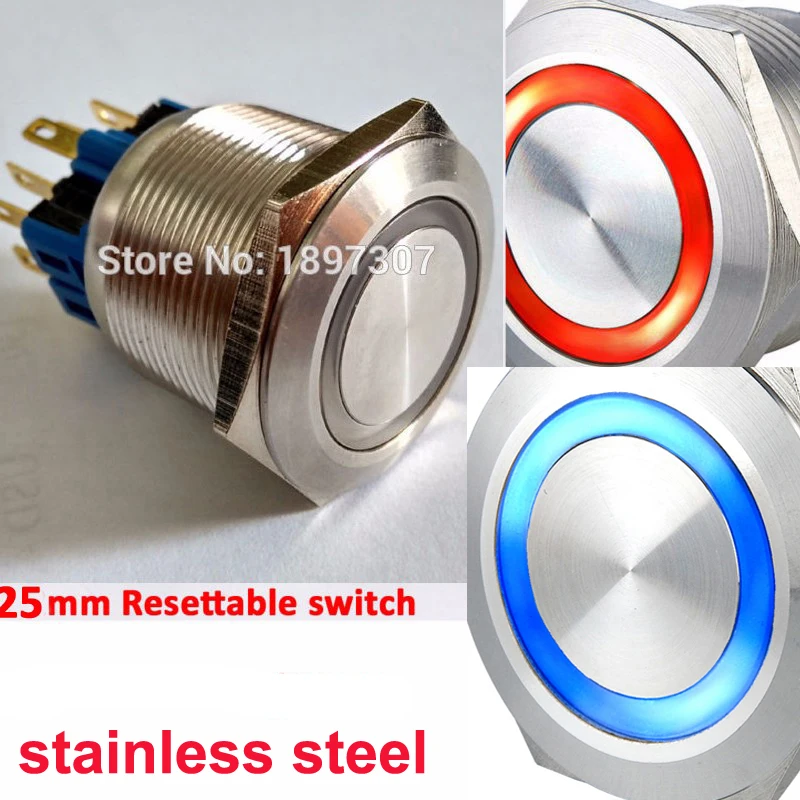 22mm 25mm Dual Color 3V 6V 12V 24V RED/Blue Ring LED 1NO1NC Reset Momentary Anti-Vandal Electric Car Push Button Switch