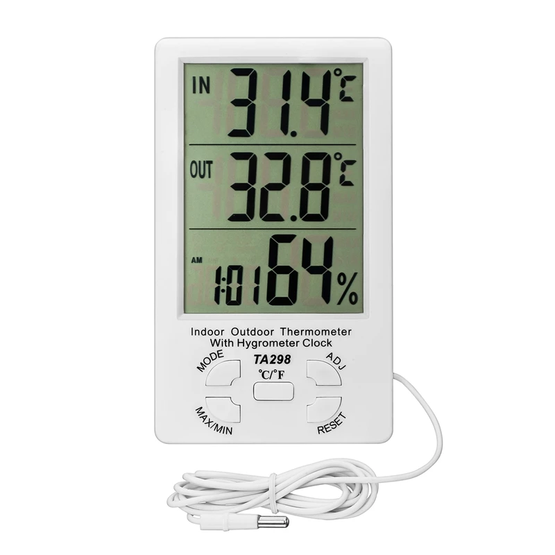 Digital Indoor Outdoor Home Thermometer Hygrometer LCD C/F Kitchen Temperature Humidity Tester Clock Alarm 1.5M Sensor TA298