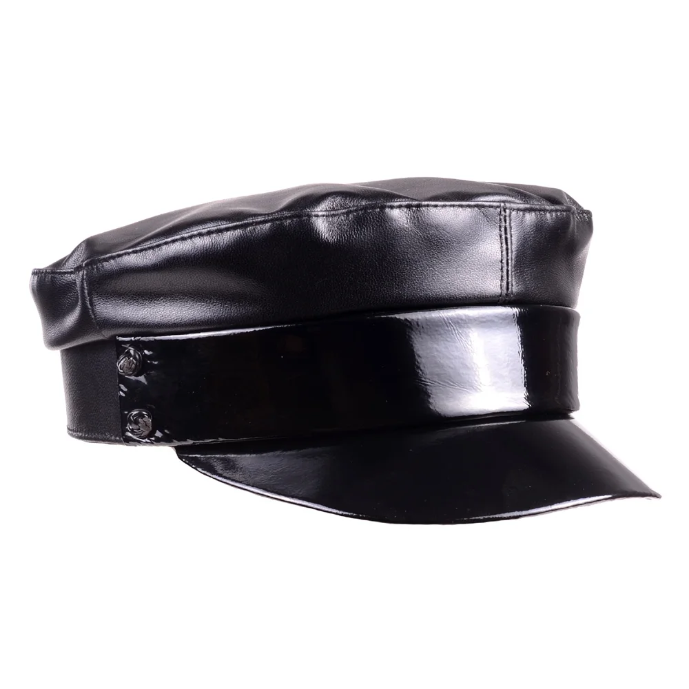 New Women's Real leather Patent Leather Shiny Black Beret Newsboy Military caps/hats