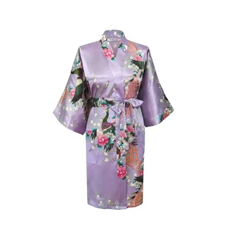 Lavender Fashion Women's Peacock Kimono Bath Robe Nightgown Gown Yukata Bathrobe Sleepwear With Belt S M L XL XXL XXXL KQ-7