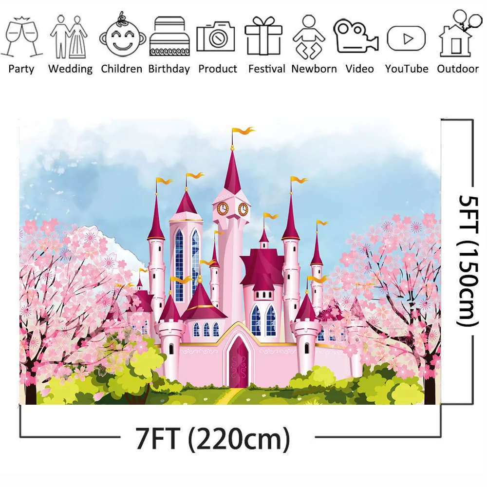 Castle Backdrop for Photography Girl Cartoon Cherry Blossoms Theme Birthday Party Decoration Newborn Children Photo Background