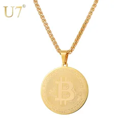 U7 Bitcoin Coin Necklace for Men Women Punk Jewelry Stainless Steel Necklaces & Pendants Father's Day Souvenir Gifts P1174