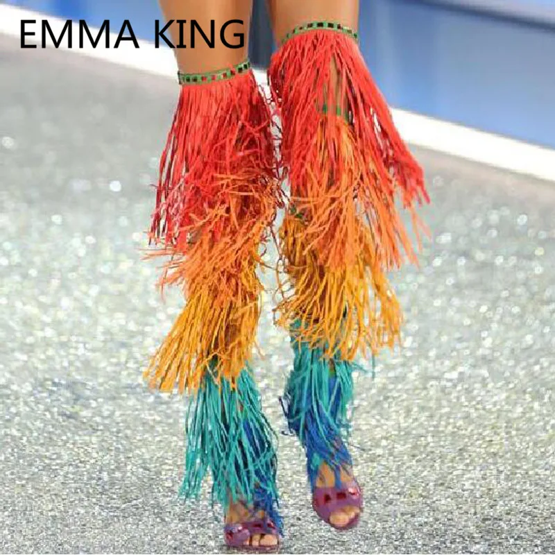 2019 Rainbow Fringe Summer Over The Knee Boots For Women Gladiator Sandals Open Toe Sexy Ladies Platform Shoes Woman High Heels