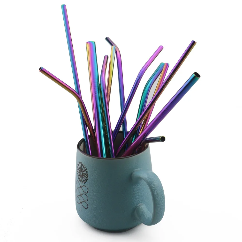 2Pcs Colorful Rainbow Straw Set 304 Stainless Steel Drinking Straw 16/19/21/23/26cm 12mm Reusable Bent Metal Drink Straw Brush