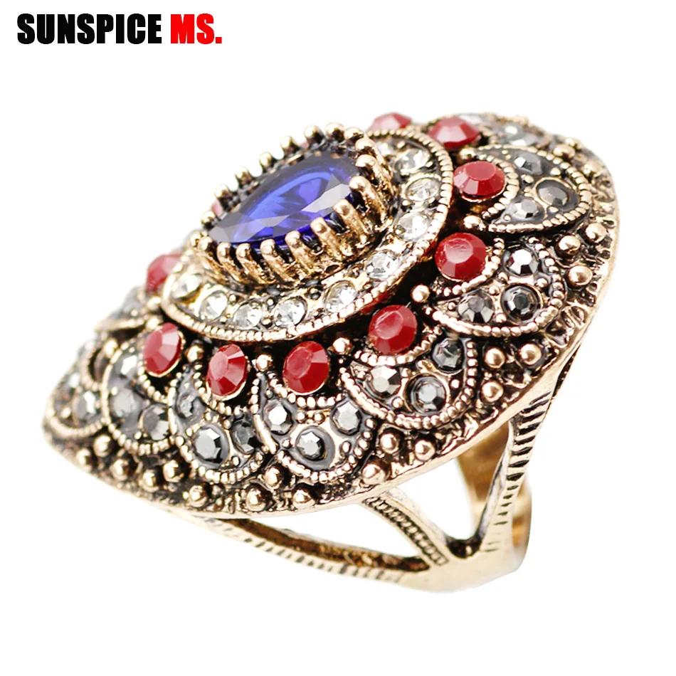 SUNSPICE MS Fashion Turkish Antique Ring For Women Bohemian Resin AAA Crystal Punk Charm Wedding Ring Vintage Jewelry Gifts 2019