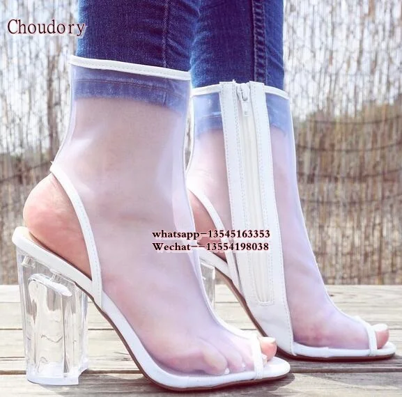 

PVC Mesh Open Toe Zip Clear Chunky heel Ankle Boots Women Clear Block High Heels Short Booties Womens Sandals Spring Shoes