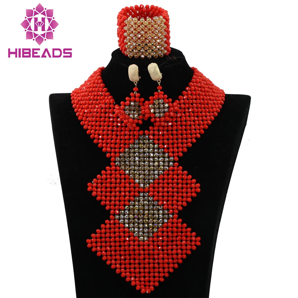 

Bright Red Crystal Beads Statement Necklace for Women Costume Nigerian Wedding African Beads Jewelry Set Free Shipping ABK889
