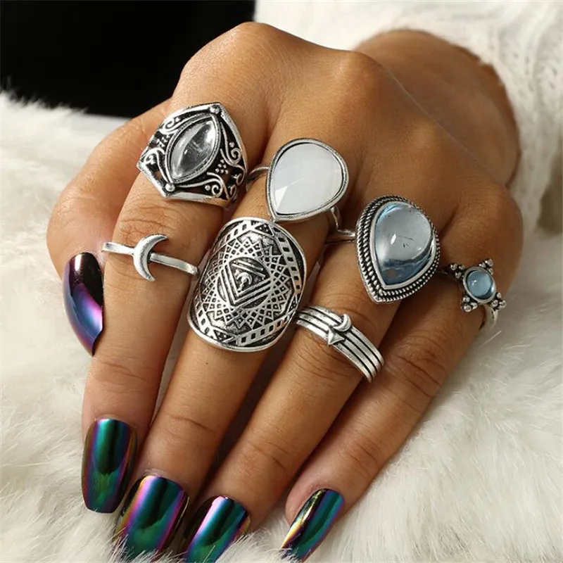 DIEZI Vintage Bohemia Ring Set light Blue Water Drop Midi Joint Rings Women Boho Jewelry Gypsy Knuckle Silver Color Ring