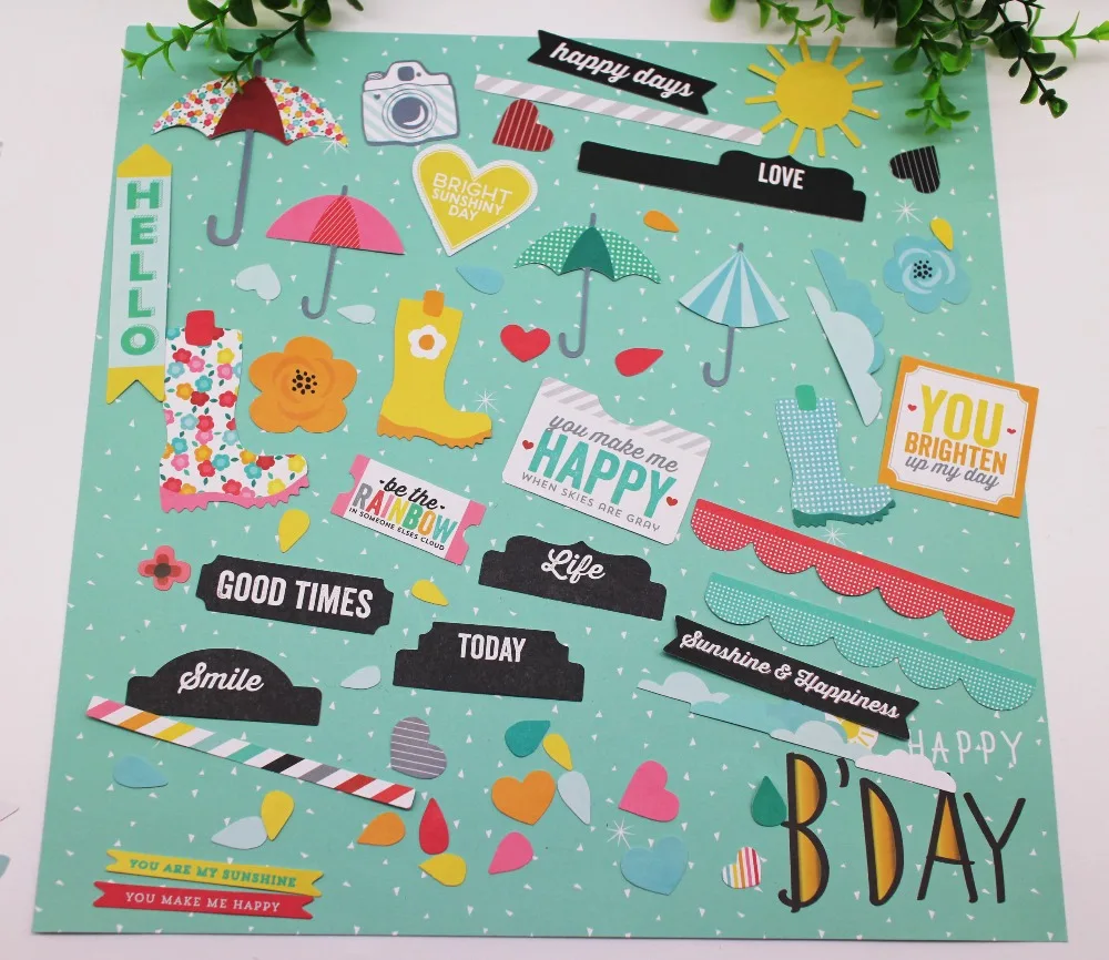 136pcs Umbrella/happy words Cardstock Die Cuts paper For DIY Scrapbooking Happy Planner/Card Making/Journaling Project