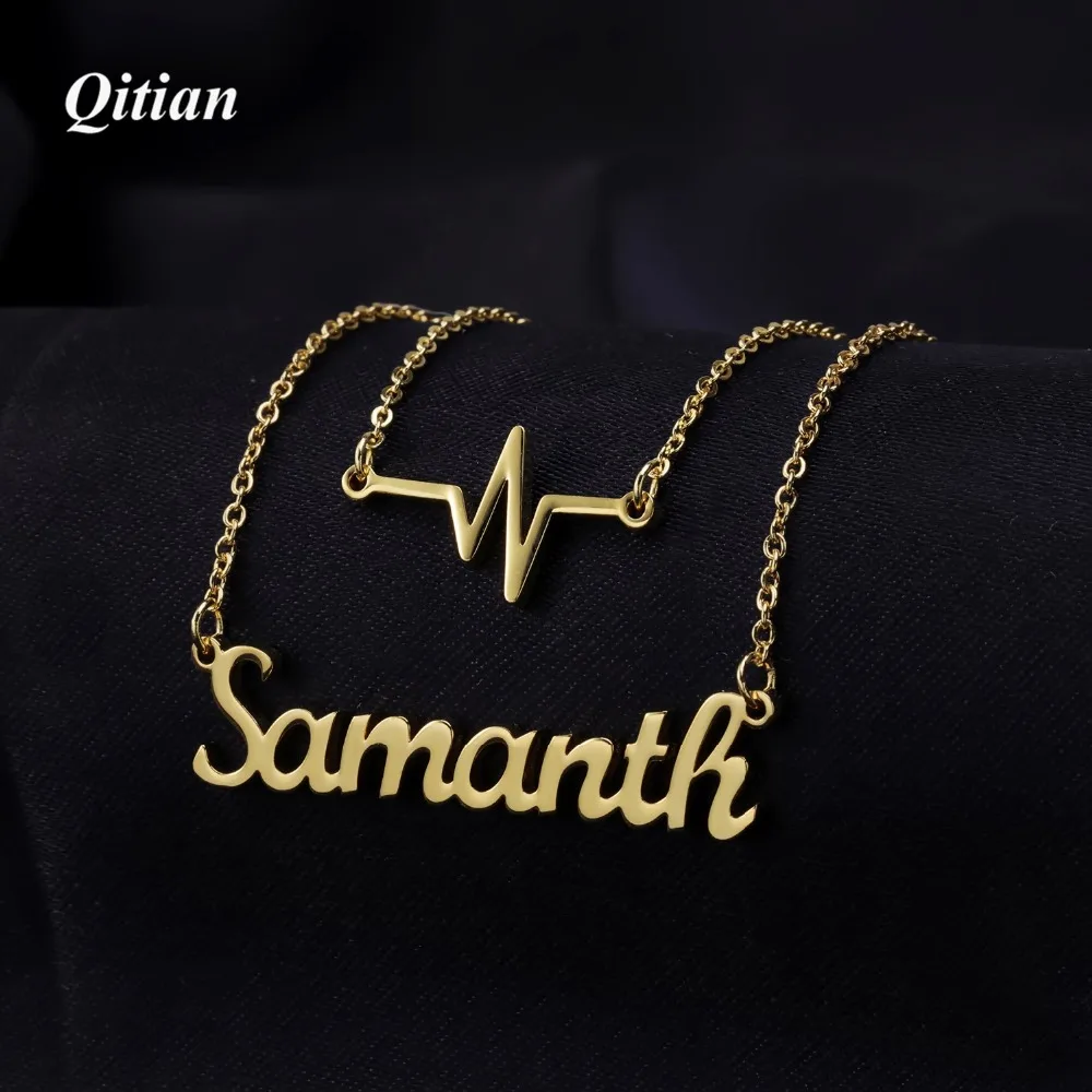 Qitian Custom Heart Beat Name Necklace For Women Personalized Layer Gold Stainless Steel Necklaces Custom Jewelry Christmas Gift