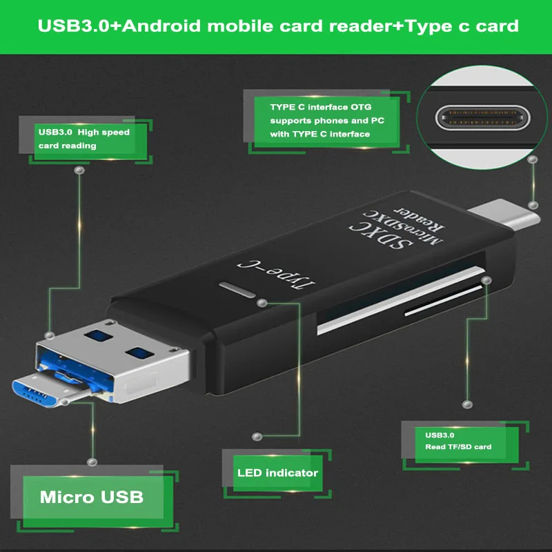 All In One Adapter SD/ Micro SD/ TF Card Reader Type C USB 3.0 Micro USB OTG Andriod PC External Multi Memory Card Reader