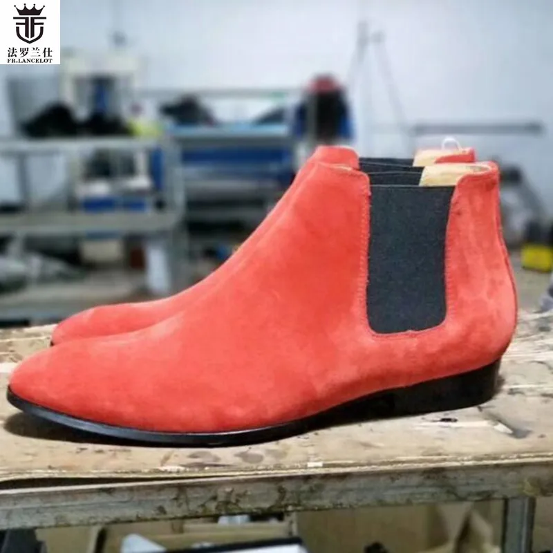 FR.LANCELOT Brand Orange Suede Top Quality Flats Slip On Men Chelsea Boots Ankle Botas Low Top Men Shoes