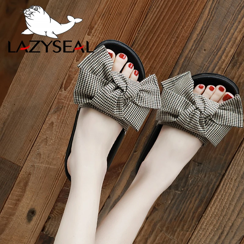 LazySeal Bướm-Nút Thắt Dép Nữ Mùa Hè Nữ Trượt Nhà Dép Phẳng Gót Chanclas Mujer "Bãi Biển Người Phụ Nữ Giày