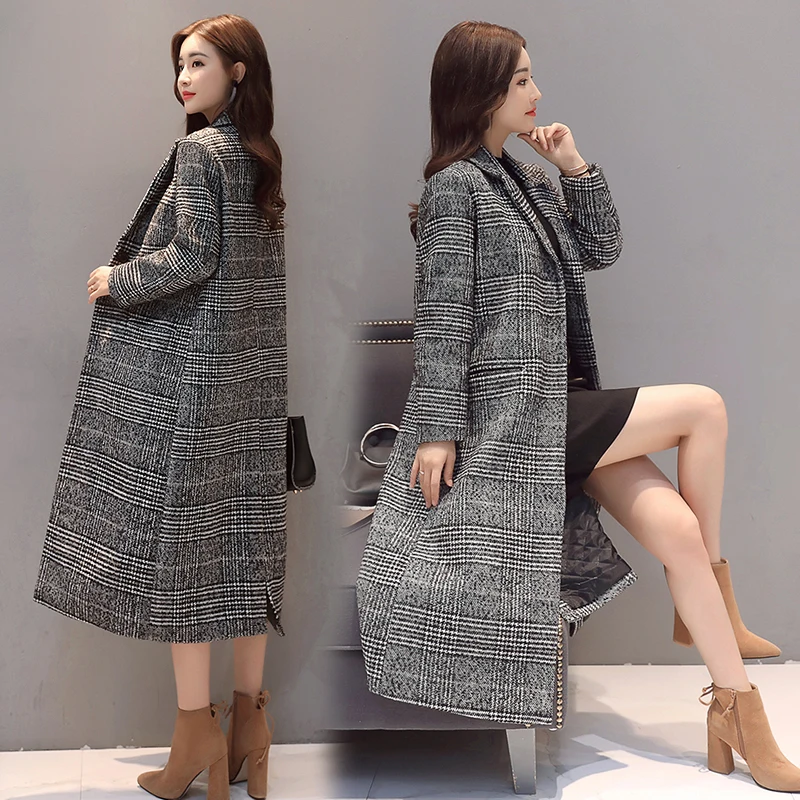 Spring, autumn and winter new women's windbreaker long section loose slimming fashion thousand bird plaid coat jacket AL180927