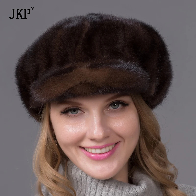 

JKP New Winter Arrival Cute Mink Fur Hats Real Mink Fur Caps For Winter Women Fashion Russian Warm Brown Fur Hats PDX-01