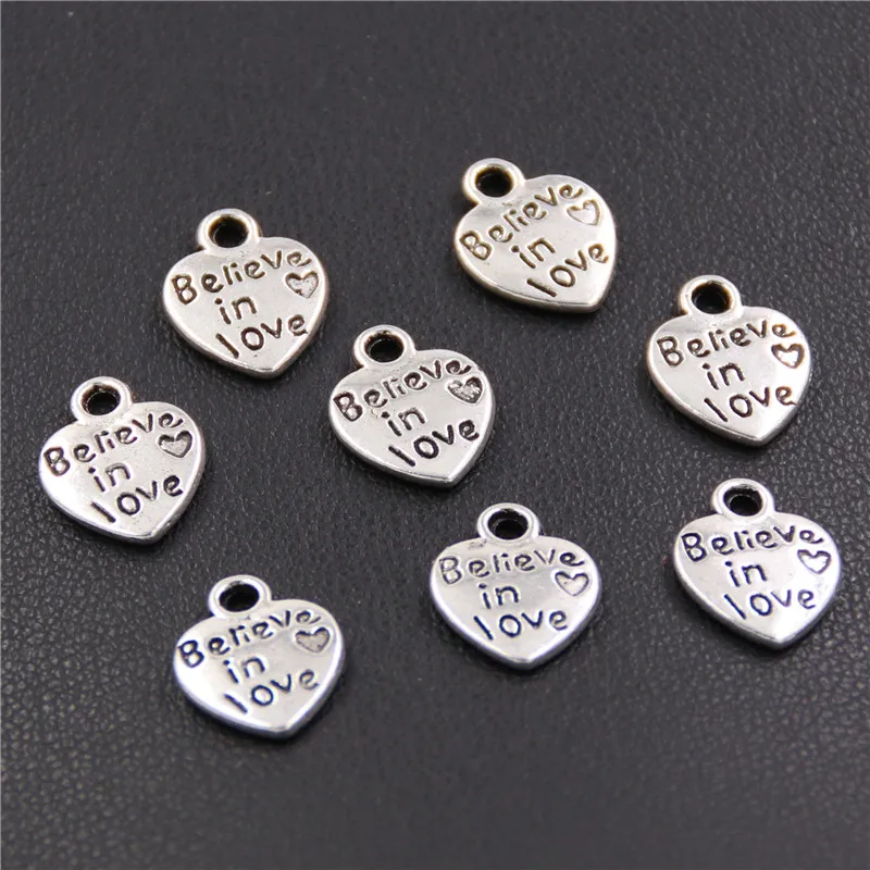 80pcs  Silver Color Heart Message Charm Word Believe In Love Charm For Jewelry Making A2383