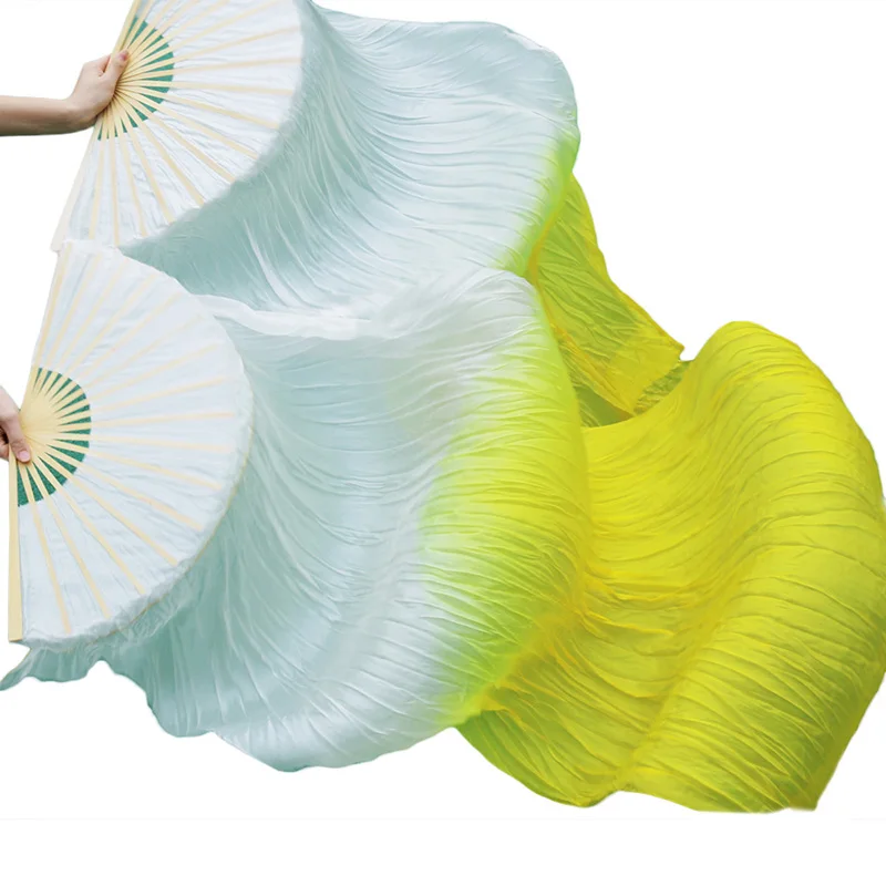 Handmade Bamboo Ribs Dance Props Silk Belly Dance Fans Natural Silk 1 Pc Left hand+1 Pc Right Hand Dancing Silk Fan white+yellow