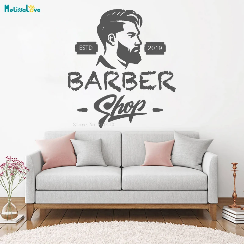 Cool Men's Hair Studio EST 2019 Wall Sticker Custom Shop Haircut Beard Face Tools Salon Art Vinyl Murals Removable YT1199