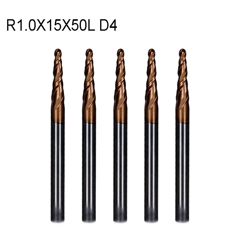 

5pcs/lot R1.0*D4*15*50L*2F solid carbide 6mm Ball Nose Tapered End Mills router bits cnc taper wood metal milling cutter