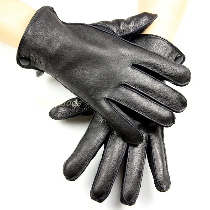 Guantes de piel de venado gruesos y cálidos para hombre, moda de cuero, estilo de costura exterior Simple, forro de franela, puntos de lana finos,