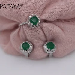 PATAYA New Arrivals Green Round Natural Zirconia Earrings Ring Sets Women Romantic Wedding Jewelry True White Gold Color Jewelry