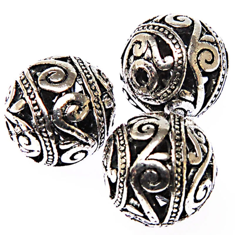 Miasol 10 Pcs Antique Design Tibetan Style Cast Beads 15MM Antique Silver Flligree Ball Charm Beads For Diy Jewelry Making