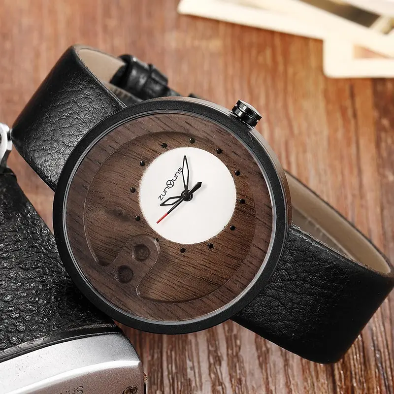 Fashion Unique Exquisite Carving Hollow Design Natural Wood Watch For Male Wooden Leather Band Men Wrist Watch Quartz Clock Men