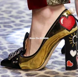 2019 New Gold Patent Leather Woman Pumps Crystal Buckle High Square Heels Normal Dress Shoes Mixed Colors Female Spring Shoes