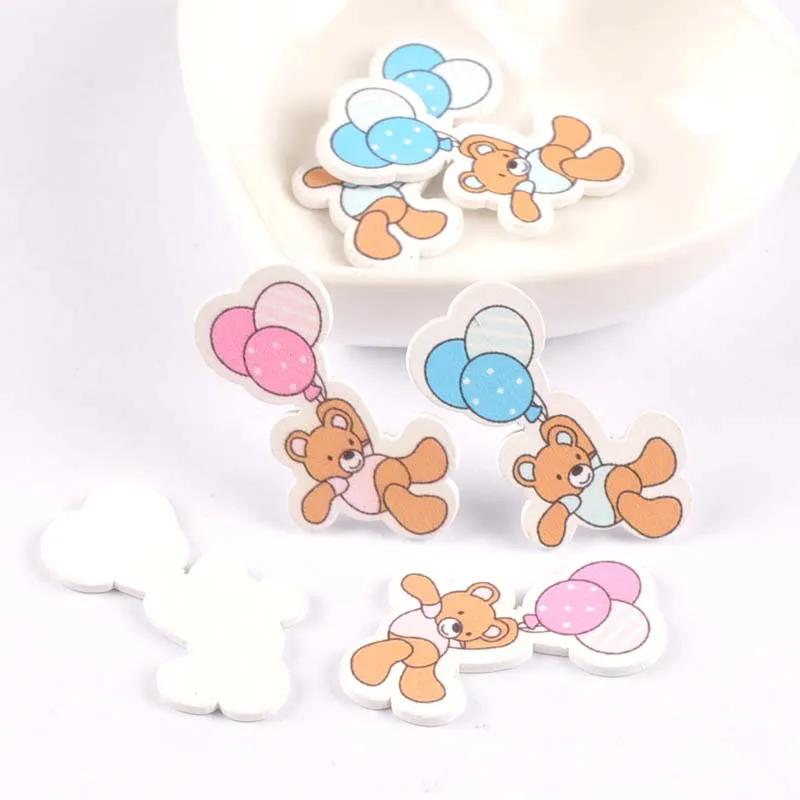 No Holes blue/pink balloon Bear baby painting bottoni fatti a mano in legno per Scrapbooking Craft 20pcs 22x40mm MT1817