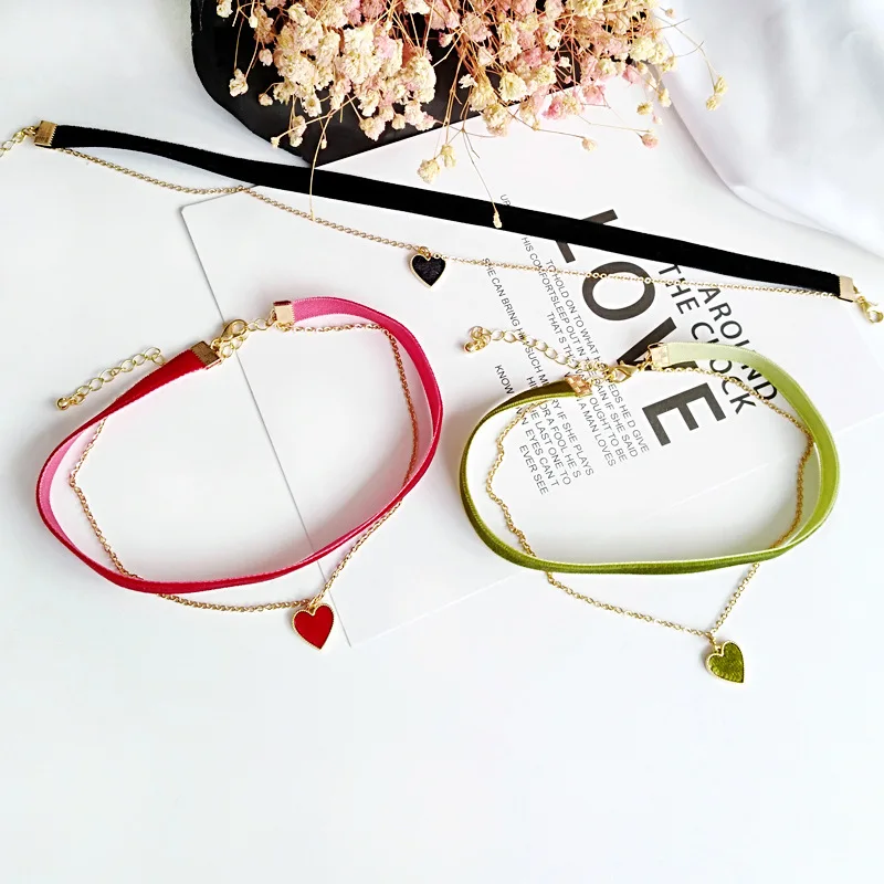Green Black Red Korean Cute Multi Layer Heart Chains Lace Chokers Necklaces for Women Velvet Choker Necklace Bohemia image 5