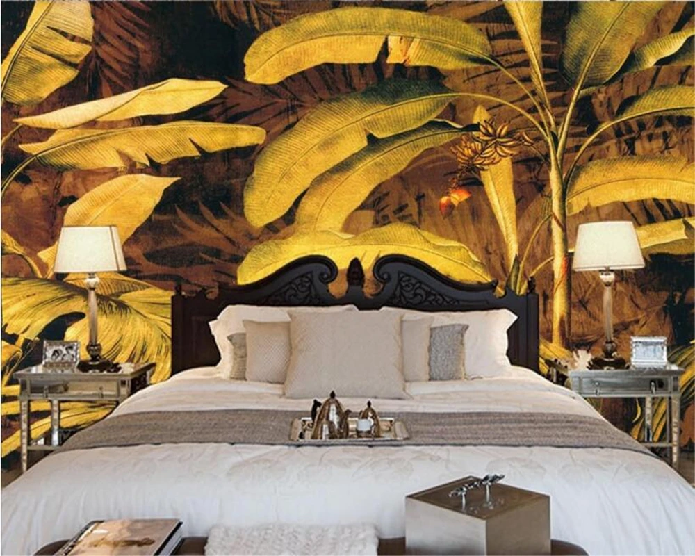 

Beibehang 3d wallpaper banana leaves Southeast Asian style background three bedroom living room bedroom TV background mural