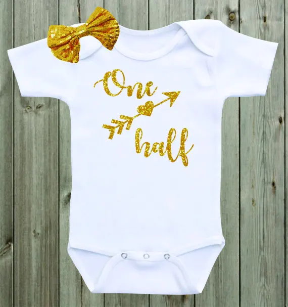 personalized gold One half year old infant baby bodysuit onepiece romper Outfit coming Home toddler shirt birthday party favors