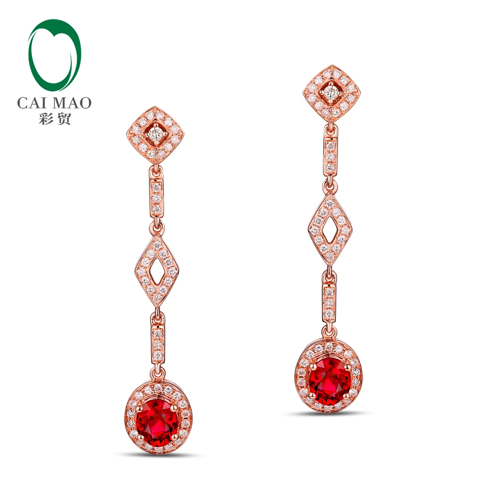 

CaiMao 14KT/585 Rose Gold 1.22ct Natural Red Ruby 0.44ct Round Cut Diamond Engagement Gemstone Earrings Jewelry